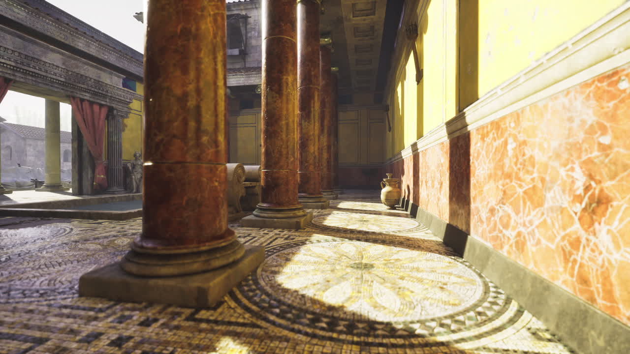 Antica scena di mercato con colonne decorative e mosaici