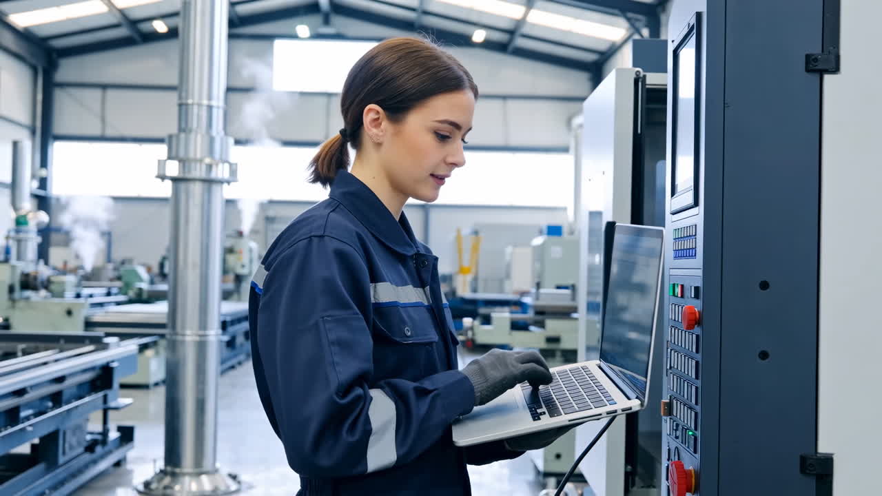 Female engineer operating industrial machinery with a laptop