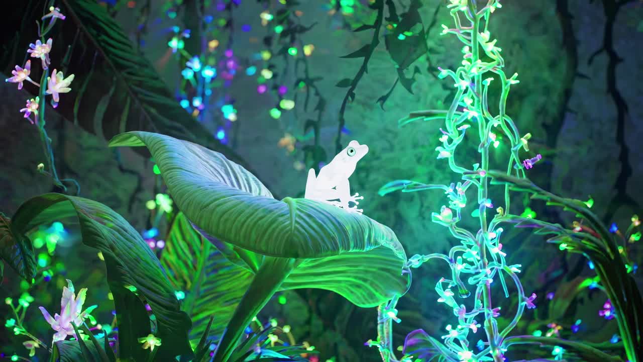 A vibrant, mystical forest scene with glowing plants and a frog on a leaf