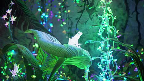 a vibrant, mystical forest scene with glowing plants and a frog on a leaf