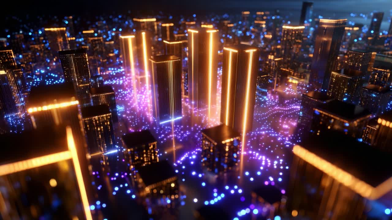 A stunning aerial view of a vibrant, illuminated cityscape at night, highlighting glowing skyscrapers and a densely packed urban environment filled with a dynamic array of colorful lights and energy