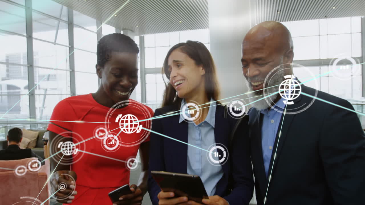 Sharing data and networking, diverse business people using tablets in office