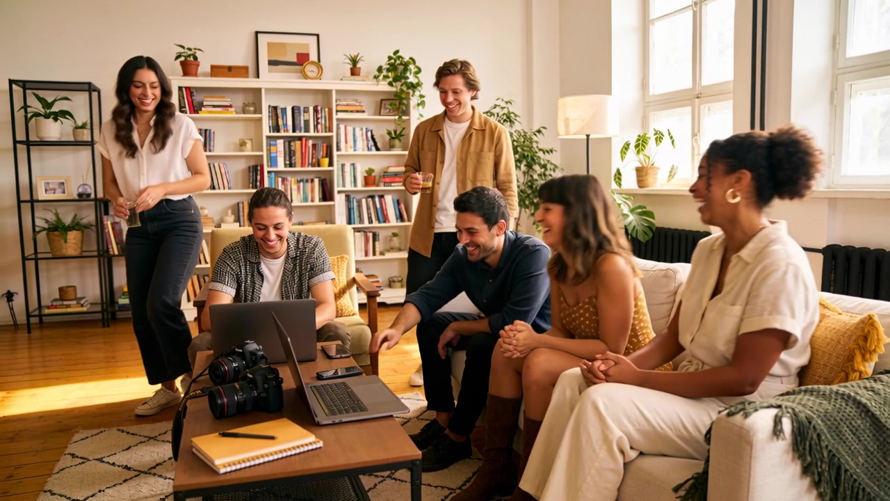 Laughing group of six friends reacting to laptop playback in living room, reaching remote