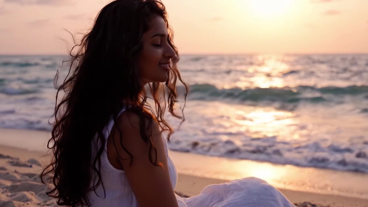 Una Serata Serena in Riva all'Oceano: Una Donna in Abito Bianco Siede sulla Spiaggia, Osservando con Calma il Tramonto Sulle Onde Delicate e la Costa Sabbiosa.