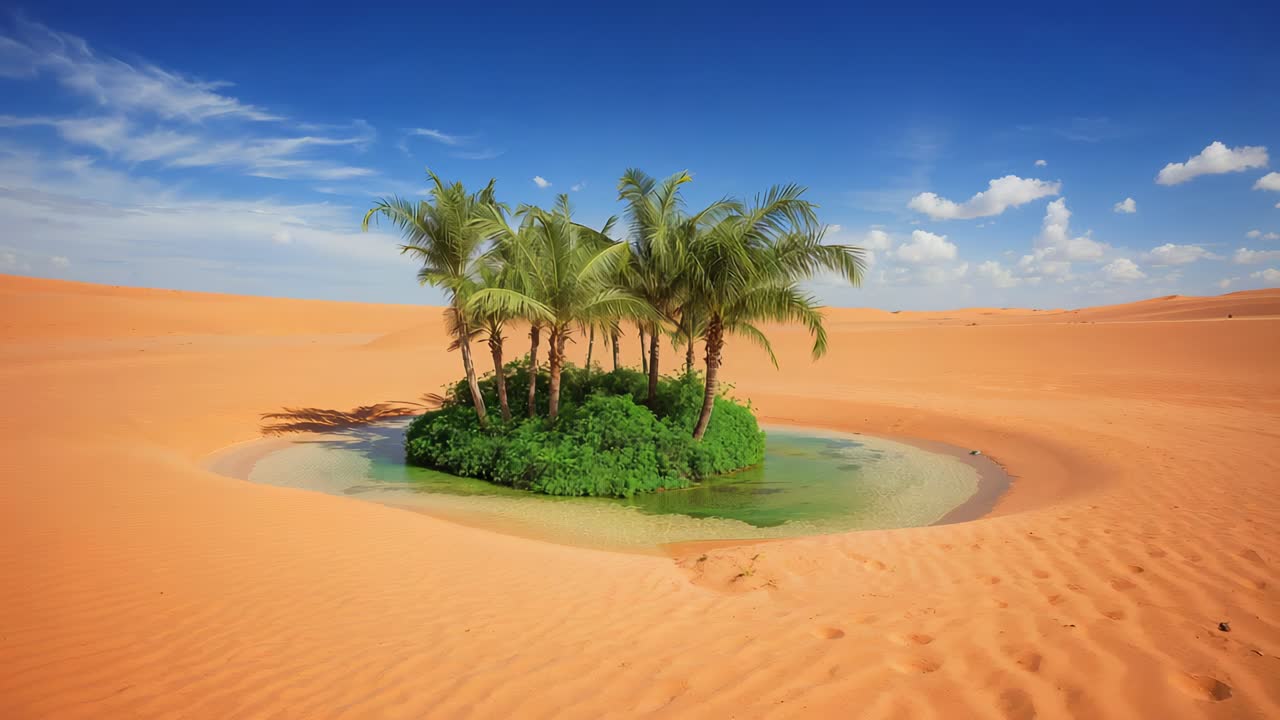 La camera inizia una leggera spinta, avvicinandosi all'oasi nel deserto, rivelando palme, stagno, impronte