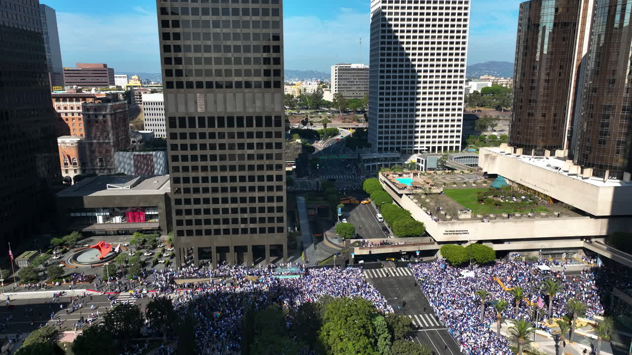 Aerial View of a Large Crowd in Downtown Los Angeles