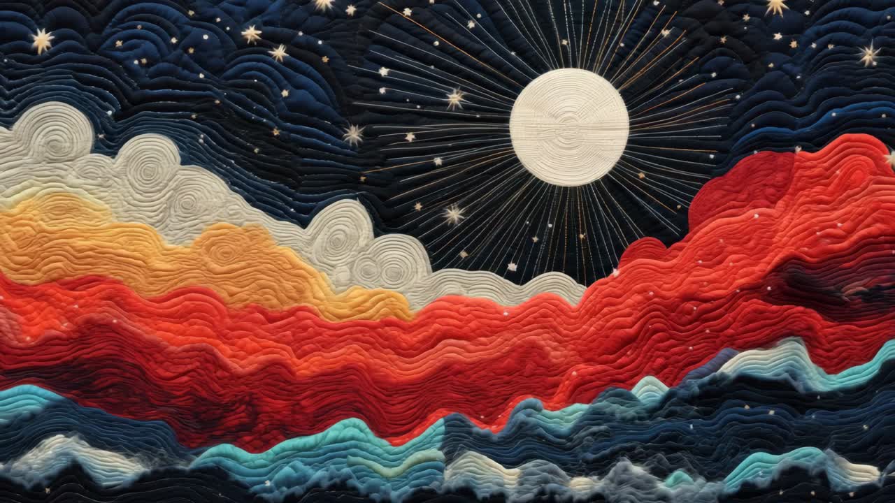 Aerial view of a quilted landscape with swirling patterns, vibrant colors, and a moonlit sky