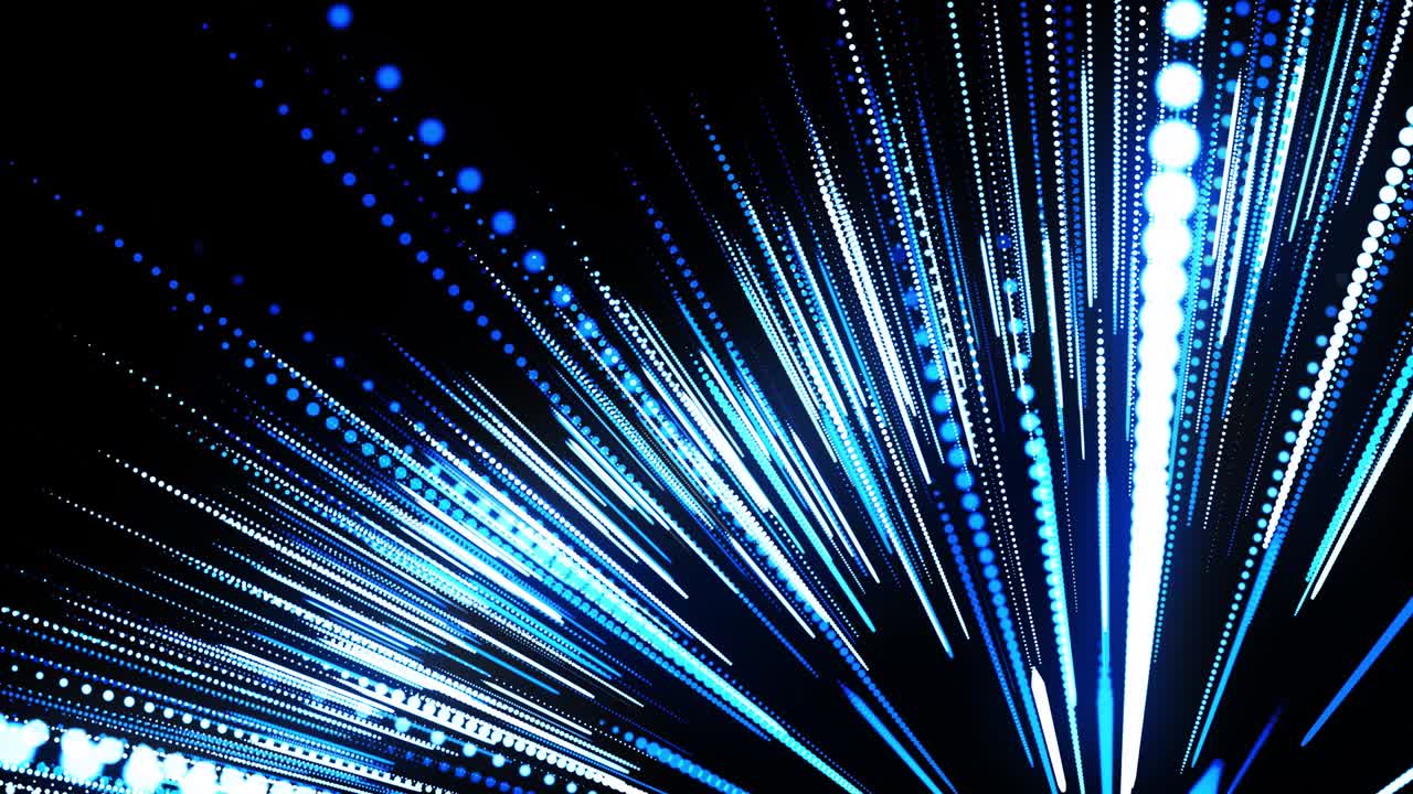 Sfondo astratto 3D in loop con particelle luminose allineate in file nello spazio 3D. Loop VJ festivo con particelle blu e telecamera animata fluida. Sfondo di motion design.