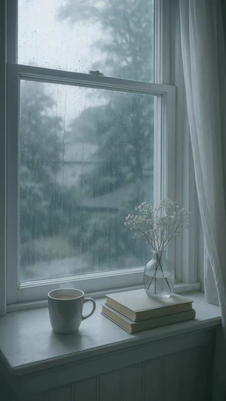 A serene, moody video scene from a low angle captures a rainy window view with a cup, books