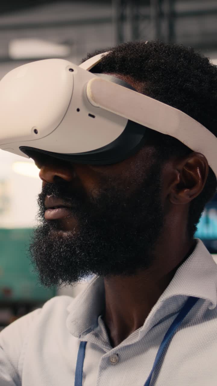 Vertical Video Black man, virtual reality simulation, VR headset, modern office