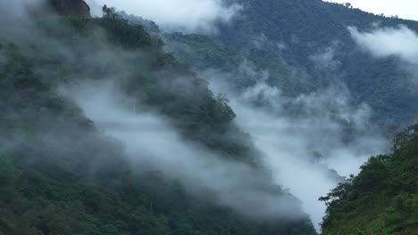 static shot of misty clouds rolling over lush amazonian mountains