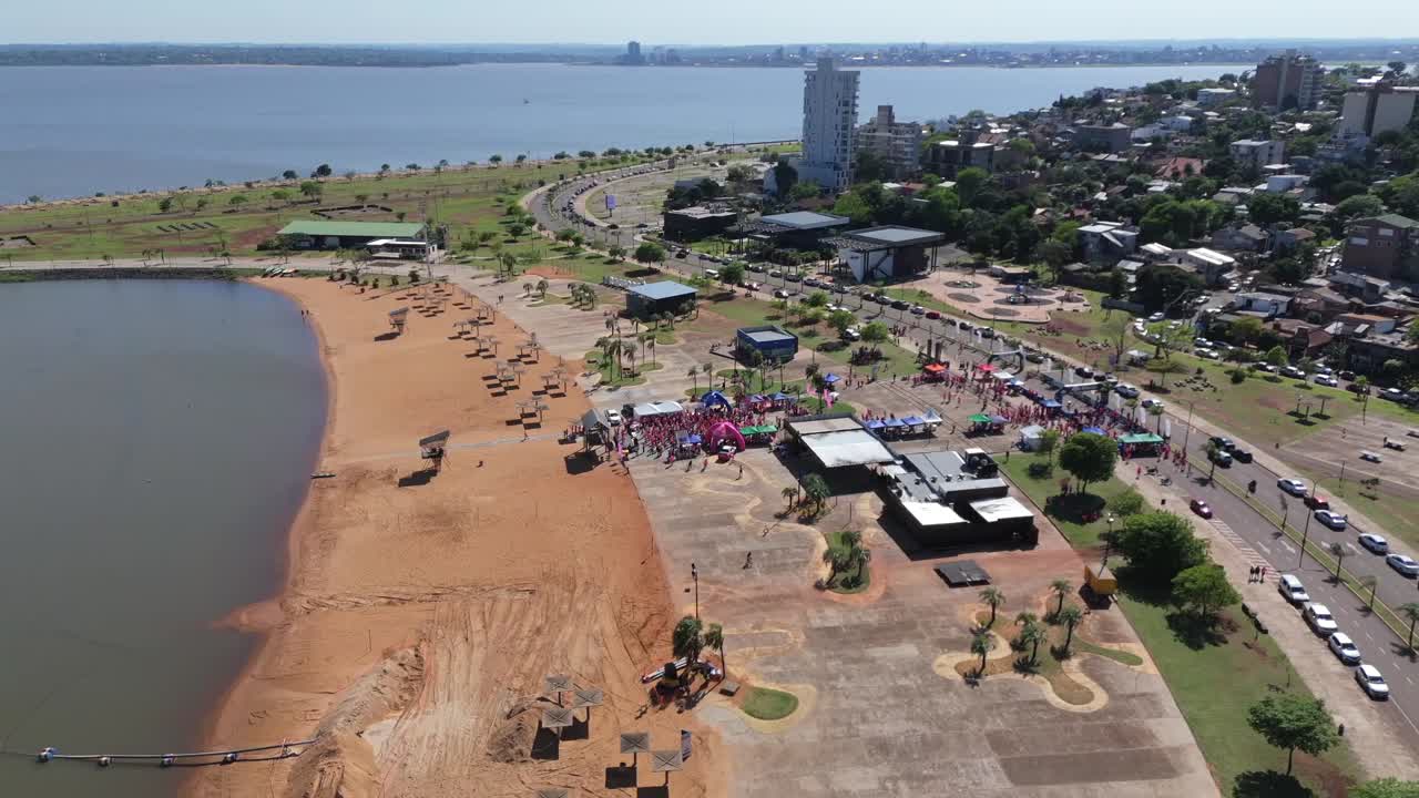 Aerial view of El Brete beach, vibrant day in Posadas, Argentina