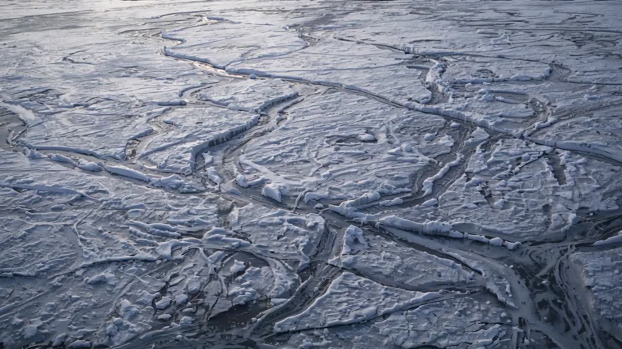 Drifting drone revealing braided ice channels over frozen coastal plain, surveying melt patterns