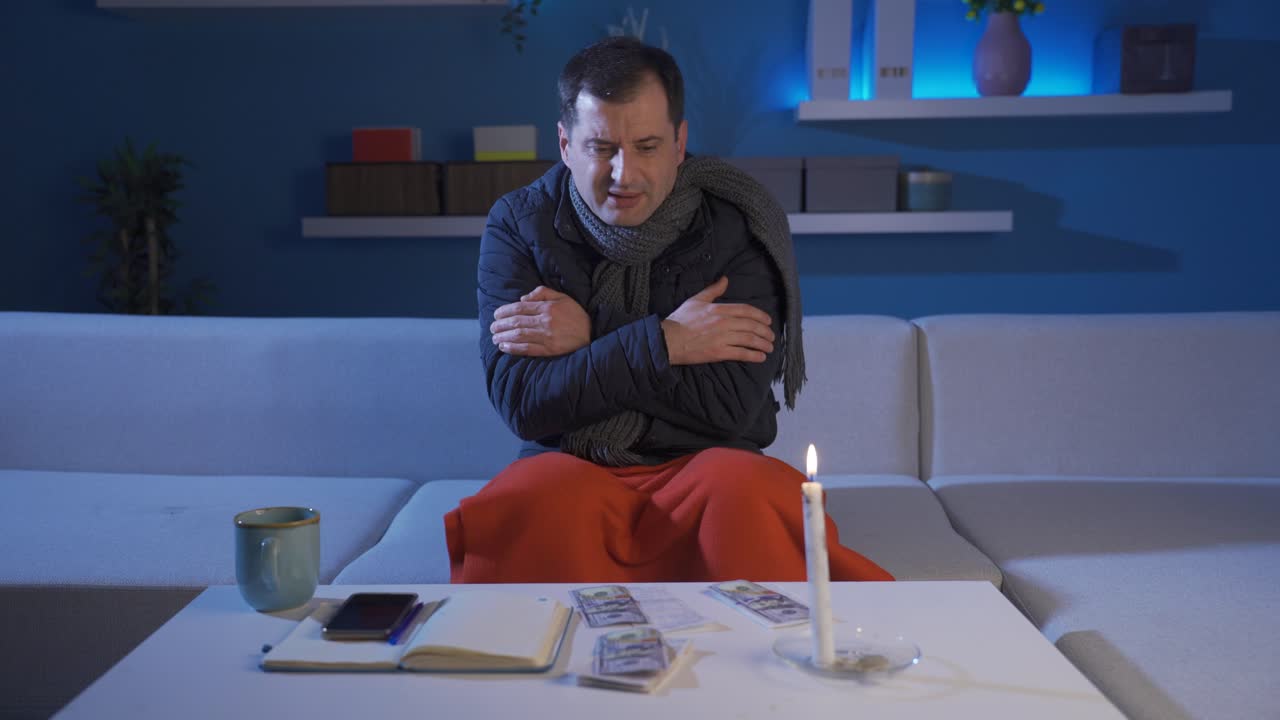 O homem está com frio em casa. Homem olhando para a conta de gás natural está com frio em casa.