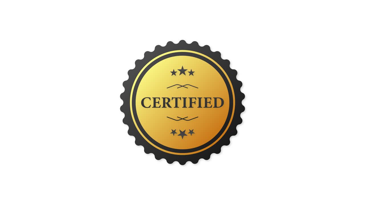 Certified badge for marketing design. Gold certified badge on white background for marketing design. Motion graphics.
