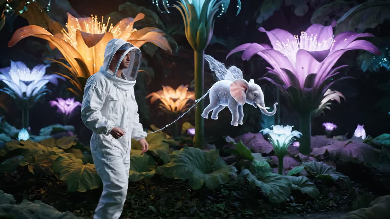 A surreal dreamscape with a person in a spacesuit and a winged elephant