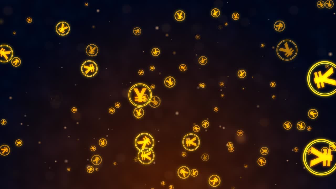 movimiento lento de signos de yen movimiento dorado con bokeh y telón de fondo