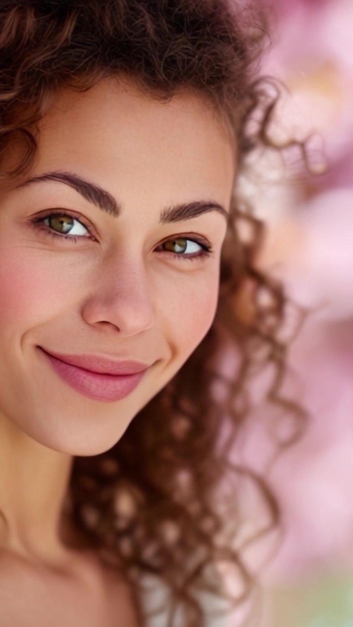 Retrato Cativante de uma Jovem Mulher com Cabelo Cacheado Contra um Fundo Floral Rosa Suave, Enfatizando a Beleza Natural e uma Expressão Alegre