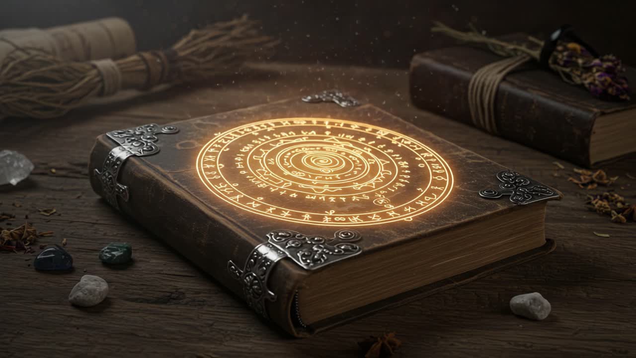 Mystical Spellbook Glowing with Ancient Symbols, Surrounded by Crystal Gems and Herbs, Evoking a Magical Atmosphere in a Serene Setting
