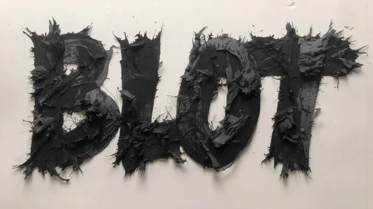Přibližující se kamera odhaluje velké namalované slovo BLOT na bílém galerijním panelu, ukazující texturu impasto