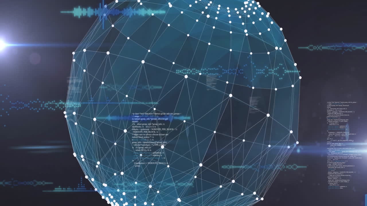 Digital globe with interconnected nodes and data waves in futuristic animation