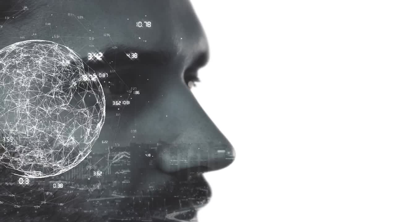 Animation of scope with network of connections over man face