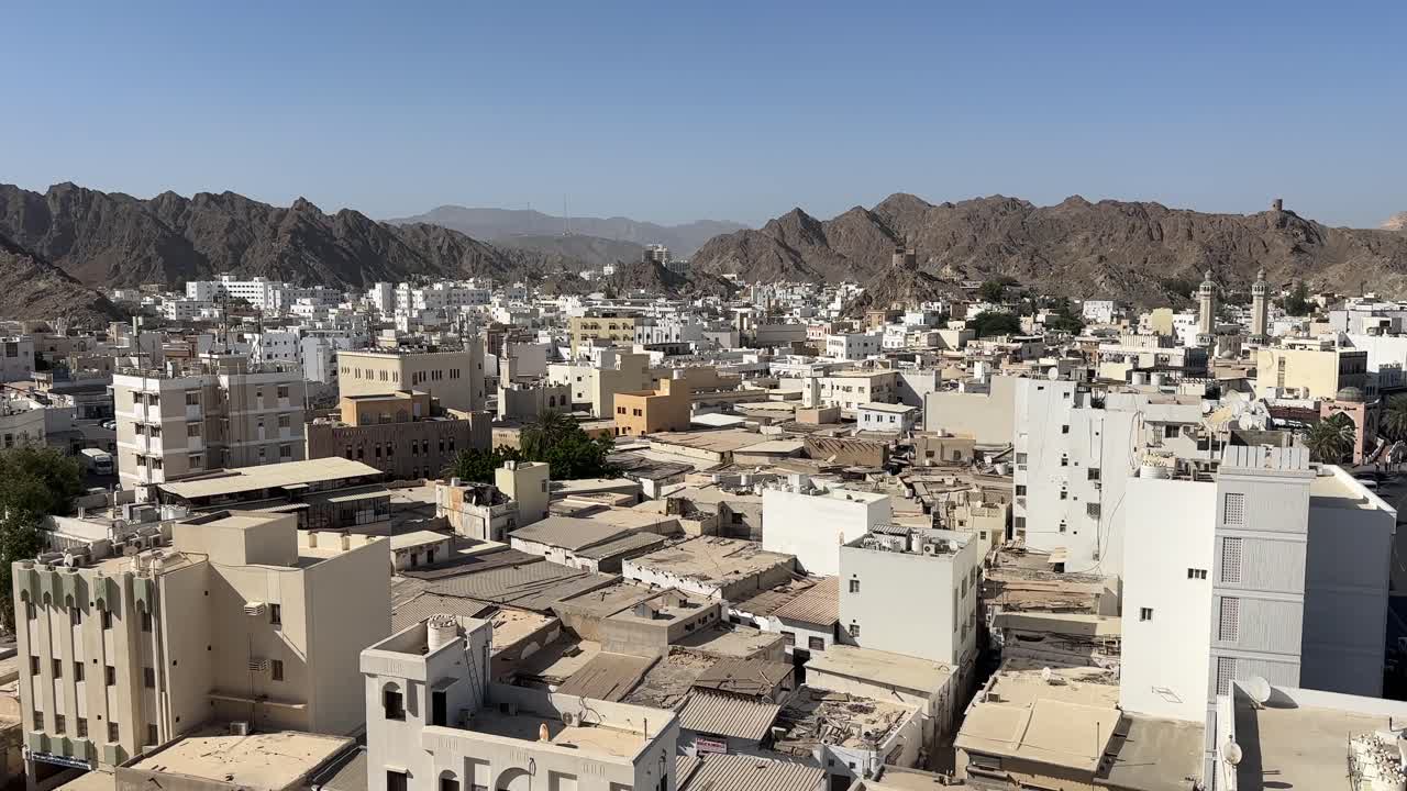 Muscat Oman Skyline 4K City Buildings Urban View Middle East Coastal Capital Architecture Footage