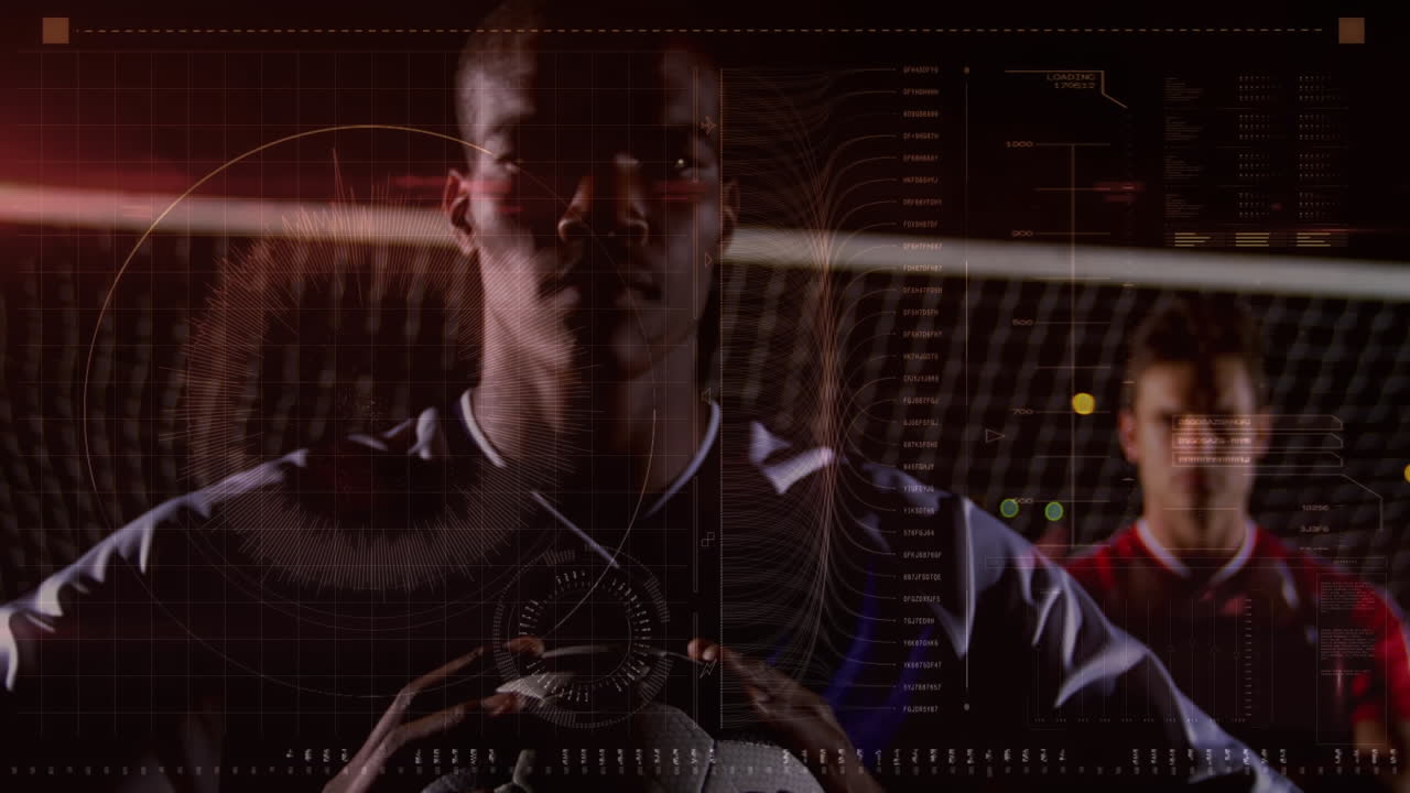 Animation of infographic interface, portrait of multiracial soccer player standing in playground