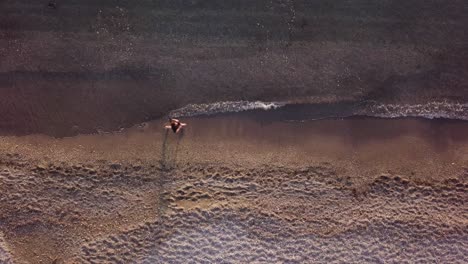 young man running at shore alone. top view, aerial view