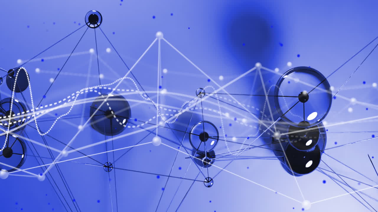 Animation of data processing over connecting dots against blue gradient background