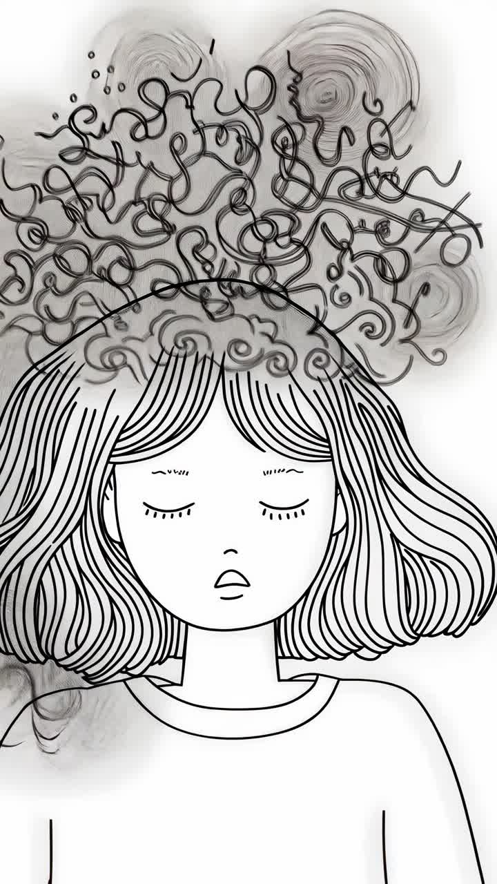 A whimsical illustration of a girl with eyes closed, intricate swirls as hair