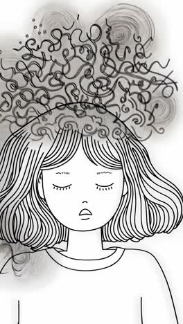 a whimsical illustration of a girl with eyes closed, intricate swirls as hair