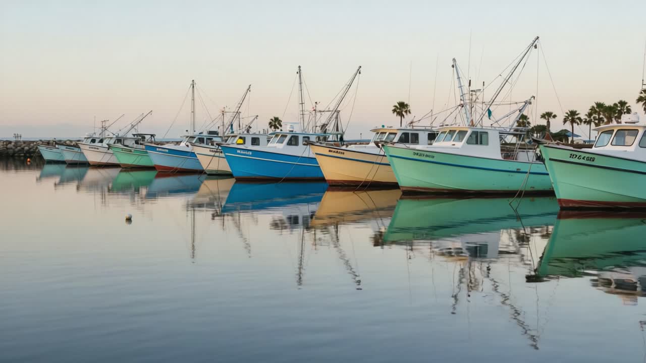 Colorful Fishing Boats Lined Along Tranquil Water, Capturing Reflections at Dawn with Palm Trees in the Backdrop, Showcasing a Serene Maritime Landscape