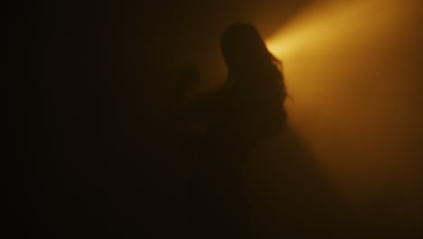 silhouette of a woman in a dark room with orange light