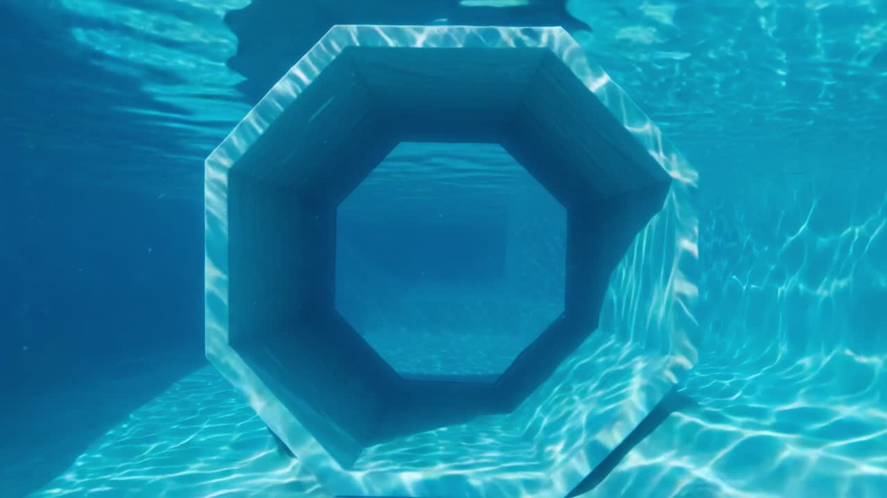 Captivating Underwater Perspectives: A Glimpse Through an Octagonal Structure in a Crystal Clear Pool, Showcasing Light Reflections and Serene Aquatic Ambiance
