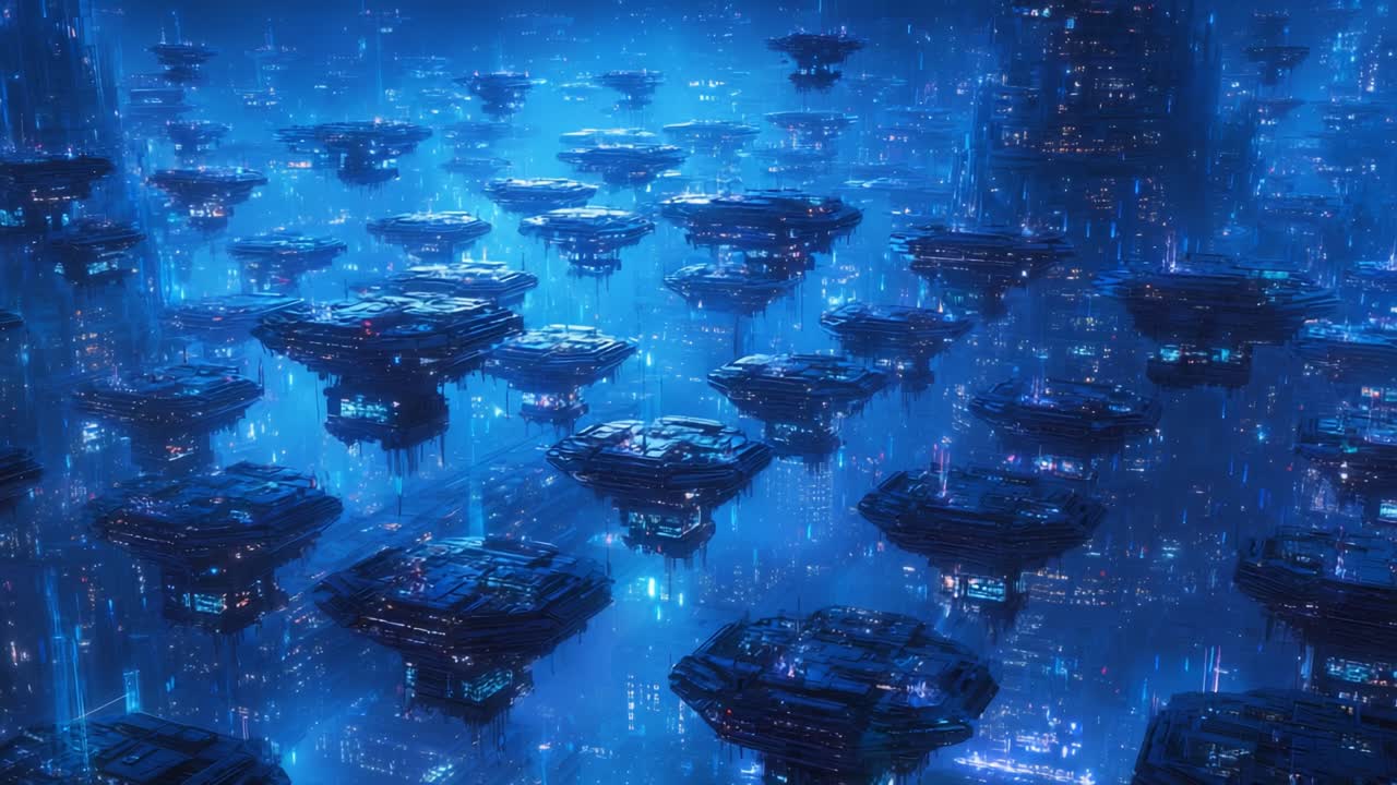 A mesmerizing view of a futuristic cityscape featuring numerous hovering platforms amidst a neon-lit environment, where advanced technology and architecture create a captivating atmosphere
