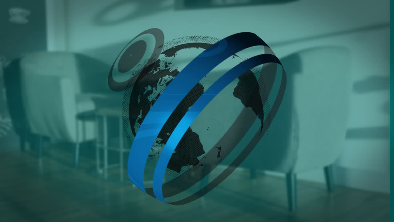 Digital animation of globe with blue rings in office setting background