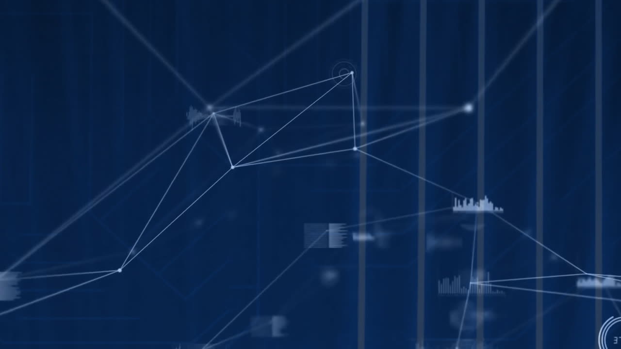 Animation of connected dots, graphs, changing numbers in loading circles over black background