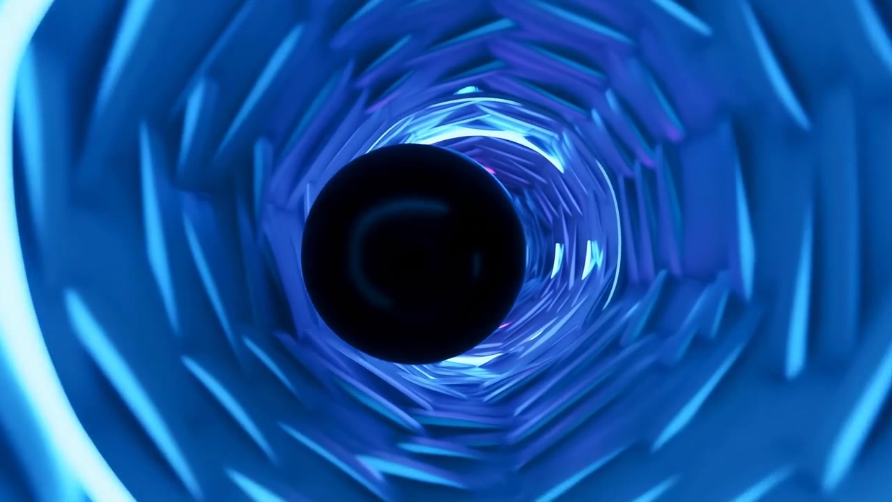Blue Neon Tunnel Spiraling Toward Void, Polygonal Reflective Walls Pulse With Purple Accents And Electric