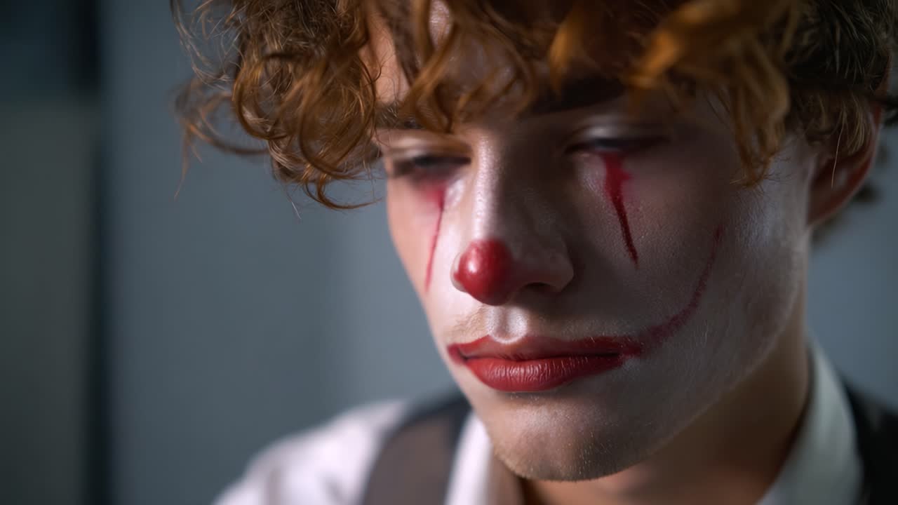 Primo piano di un giovane clown con trucco ed espressioni particolari, che cattura le complessità dell'emozione e della performance in un momento drammatico