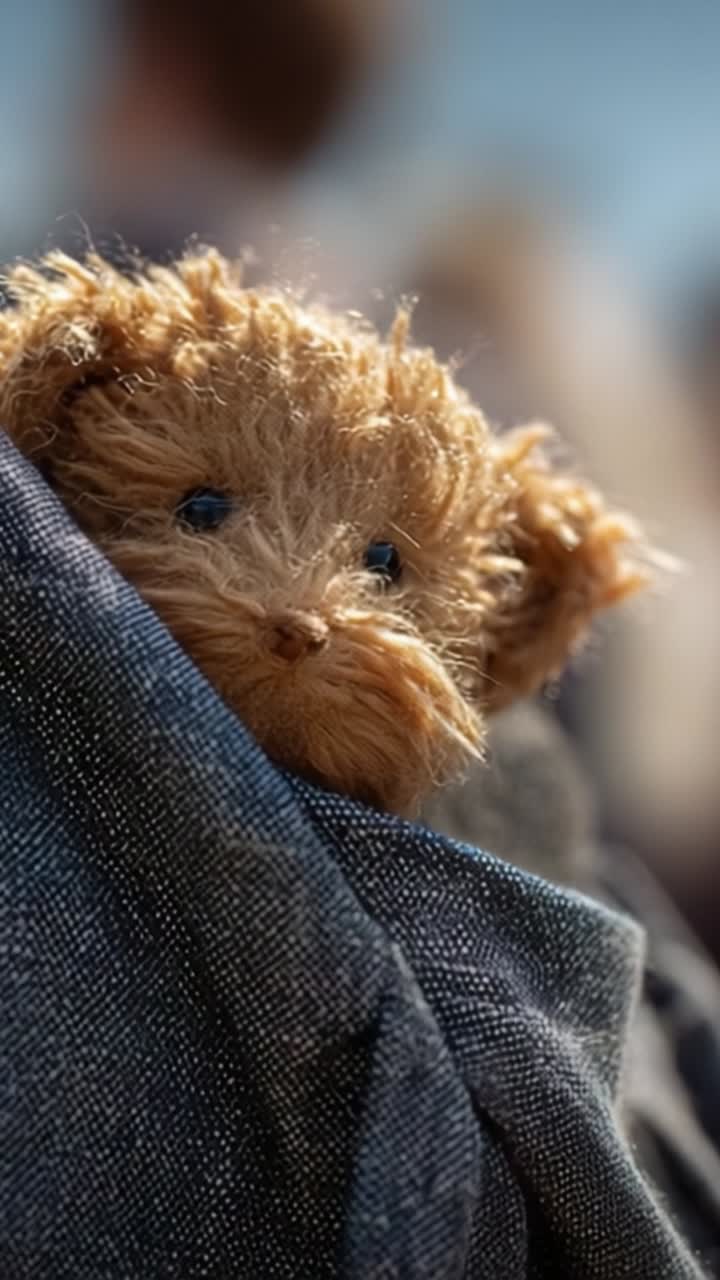 Un Simpatico Orsetto di Peluche che Fa Capolino da un Tessuto Accogliente, Mostrando le Sue Adorabili Caratteristiche e la Sua Morbida Texture Sotto la Luce Naturale in una Bella Giornata