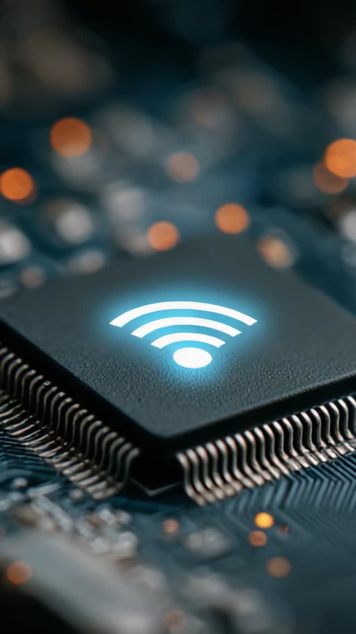High-Tech Microchip with Wireless Connectivity Symbol Illuminated, Showcasing Advanced Technology in a Close-Up Shot with Vibrant Background Lights