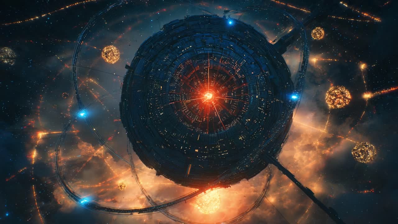 A Stunning Visualization of a Sci-Fi Megastructure in Space, Featuring a Central Core Radiating Intense Light Surrounded by Celestial Phenomena and Cosmic Elements