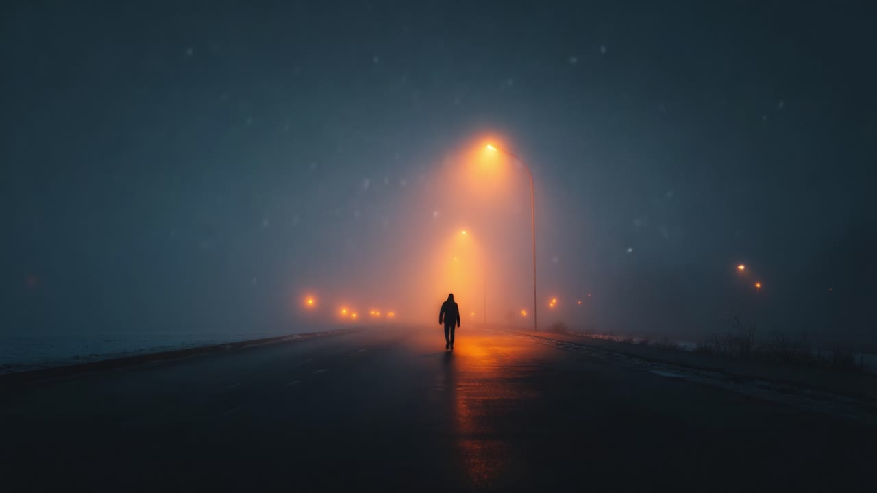A solitary figure navigates a deserted street shrouded in fog, illuminated by streetlights, evoking a sense of isolation and mystery in the monochromatic landscape