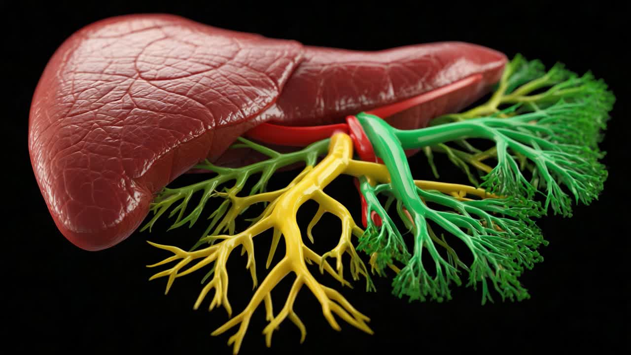 Detailed Anatomical Representation of the Human Liver with Highlighted Vascular Structure Illustrating Hepatic Blood Flow and Branching Network Features