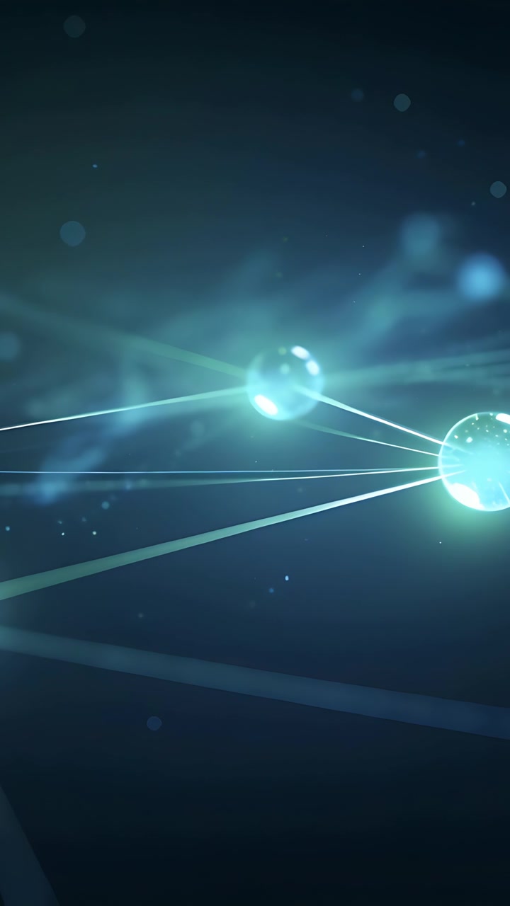 Vertical video: Brightening node driving network pulsing and sending light along lines in blue void
