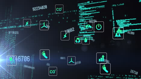 Animation of multiple icons with changing numbers over computer language on black background