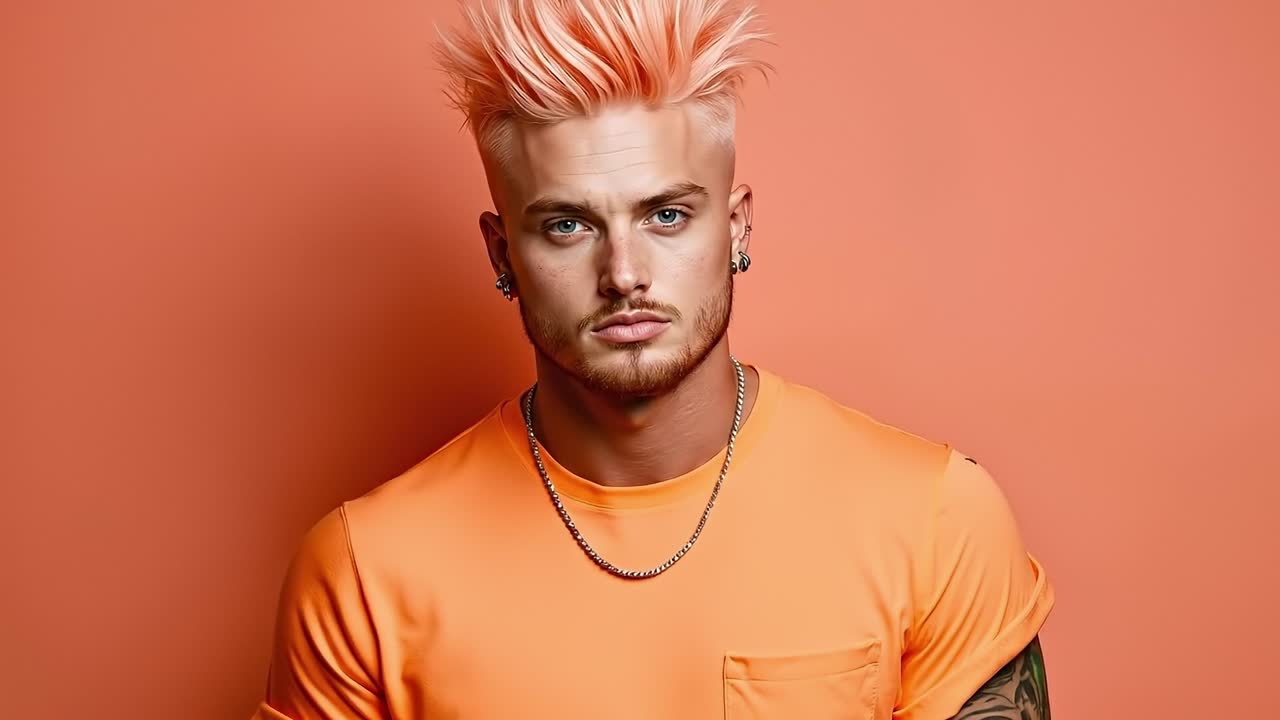 A man with a bright orange shirt and a chain around his neck