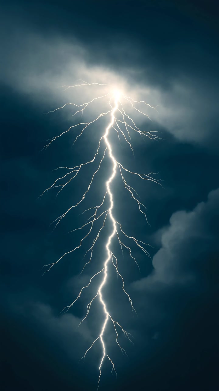 Fulmine verticale drammatico in un cielo notturno tempestoso