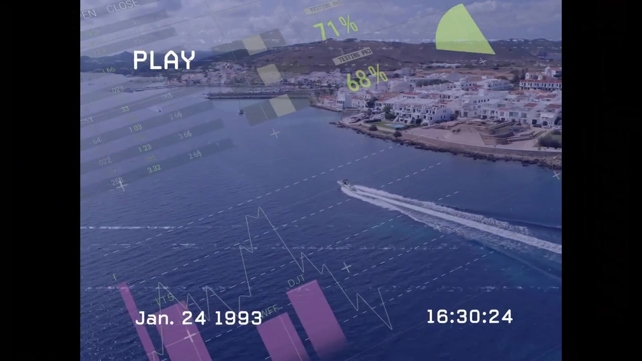 Luchtfoto van Kustplaats met Boot en Digitale Zakelijke Data-overlay